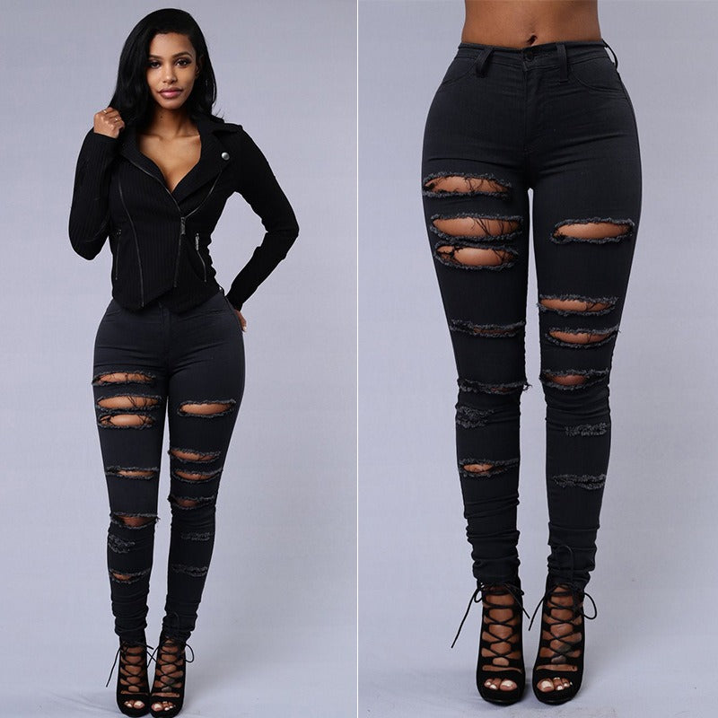 Calças Jeans Skinny Rasgadas de Cintura Média
