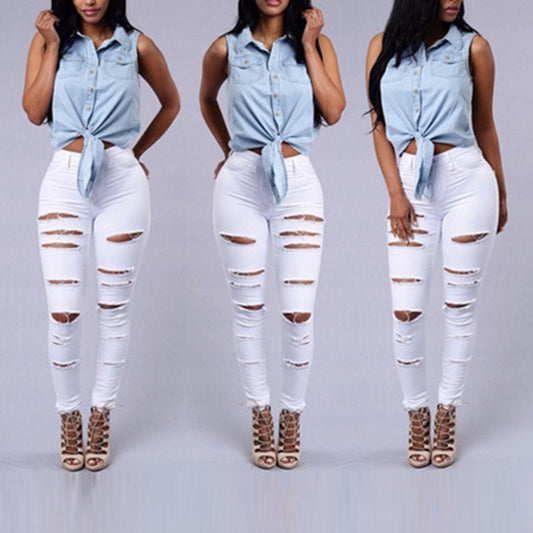 Calças Jeans Skinny Rasgadas de Cintura Média