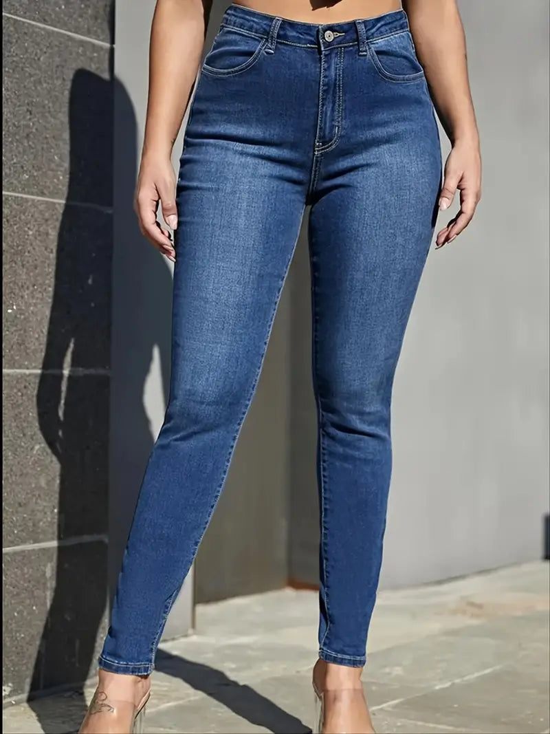 Calças Jeans Skinny Stretch de Cintura Alta em Azul Lavado