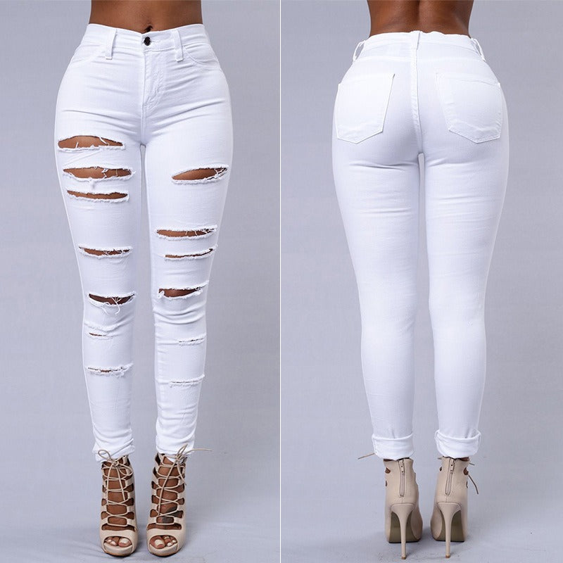 Calças Jeans Skinny Rasgadas de Cintura Média