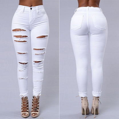 Calças Jeans Skinny Rasgadas de Cintura Média