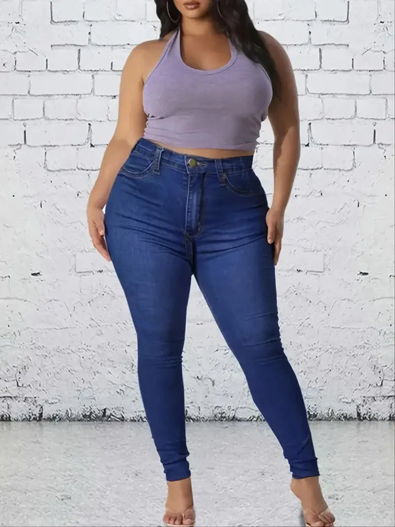 Calças Jeans Skinny Stretch de Cintura Alta em Azul Lavado