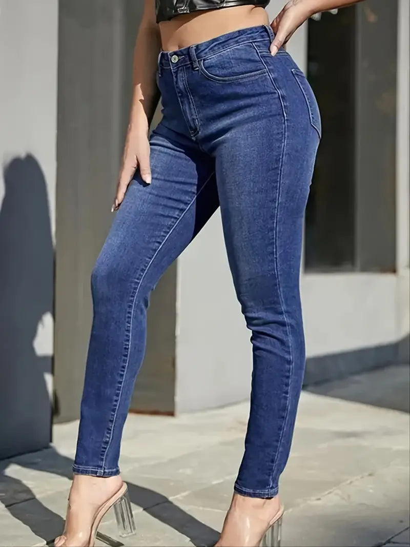 Calças Jeans Skinny Stretch de Cintura Alta em Azul Lavado