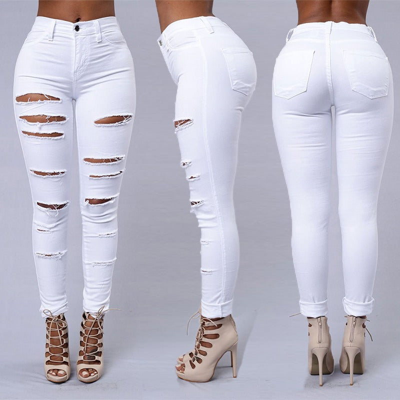 Calças Jeans Skinny Rasgadas de Cintura Média