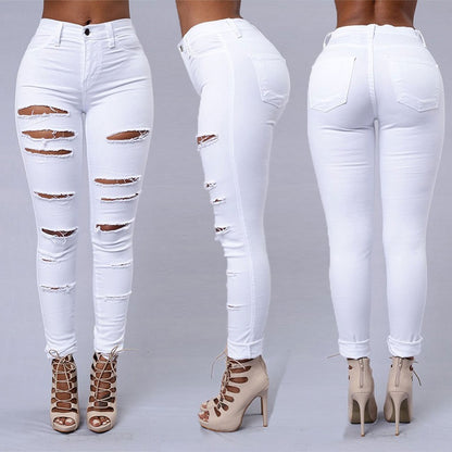 Calças Jeans Skinny Rasgadas de Cintura Média